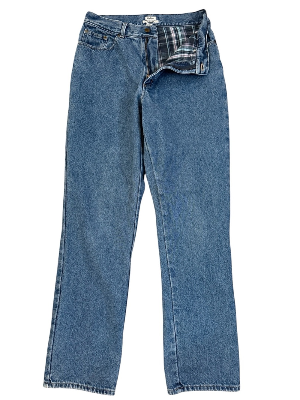 LL Bean Original Fit Plaid Flannel Lined Jeans High Rise Straight 12 Tall 30x33